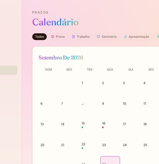 Tela real de Calendário no app SynaPsi